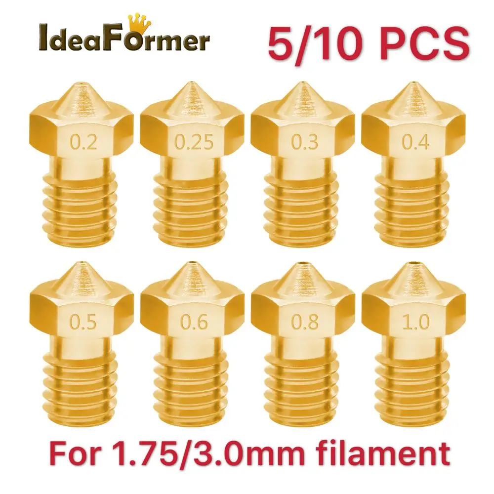 5/10 Stück 3D-Drucker V6 M6 Gewinde Messingdüse 0,2/0,3/0,4/0,5/0,6/1,0 mm für 1,75 mm Filament E3D V5 V6 Hotend Extruder 3dHotend Image