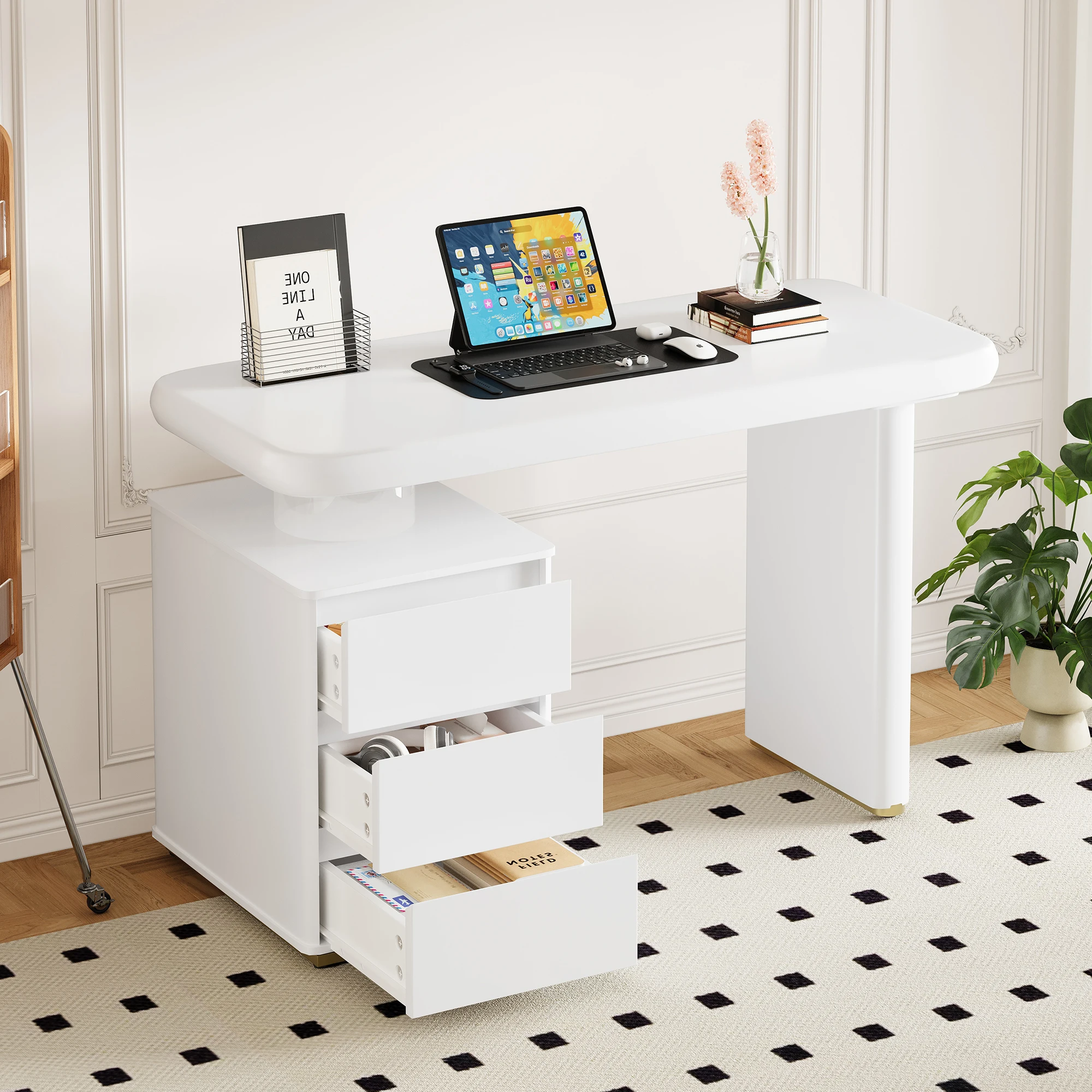 Moderner Schreibtisch mit Wolkenform,Arbeitstisch mit weiß lackiert,mit 3 Schubladen und verdickte Tischplatte&Beine