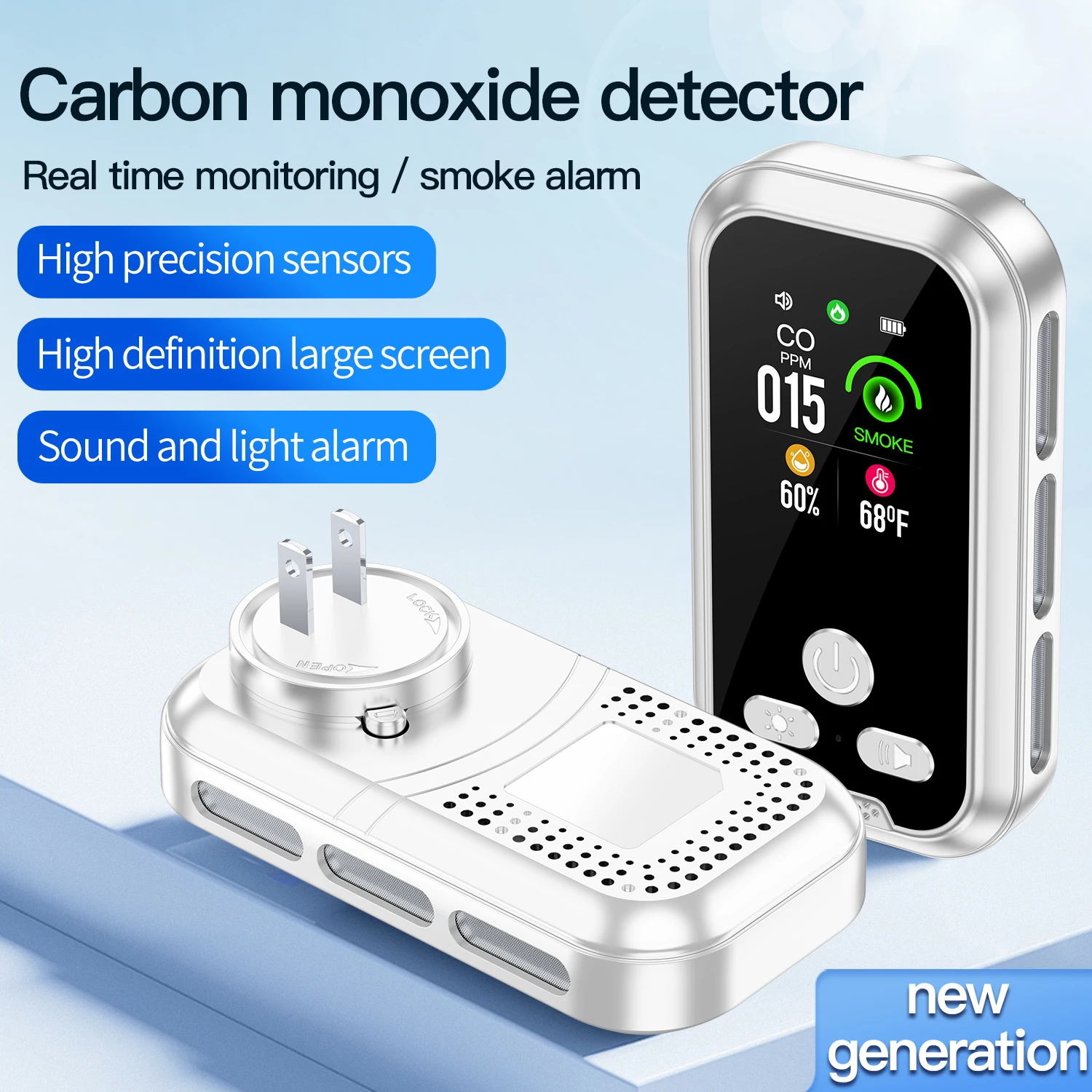 Tragbarer 6-in-1 Gasdetektor mit AC-Stecker, Rauch-, CO-, CO2- und Brenngasanalysator, Leckalarm mit Temperatur- und Feuchtigkeitsanzeige für die Haussicherheit Image