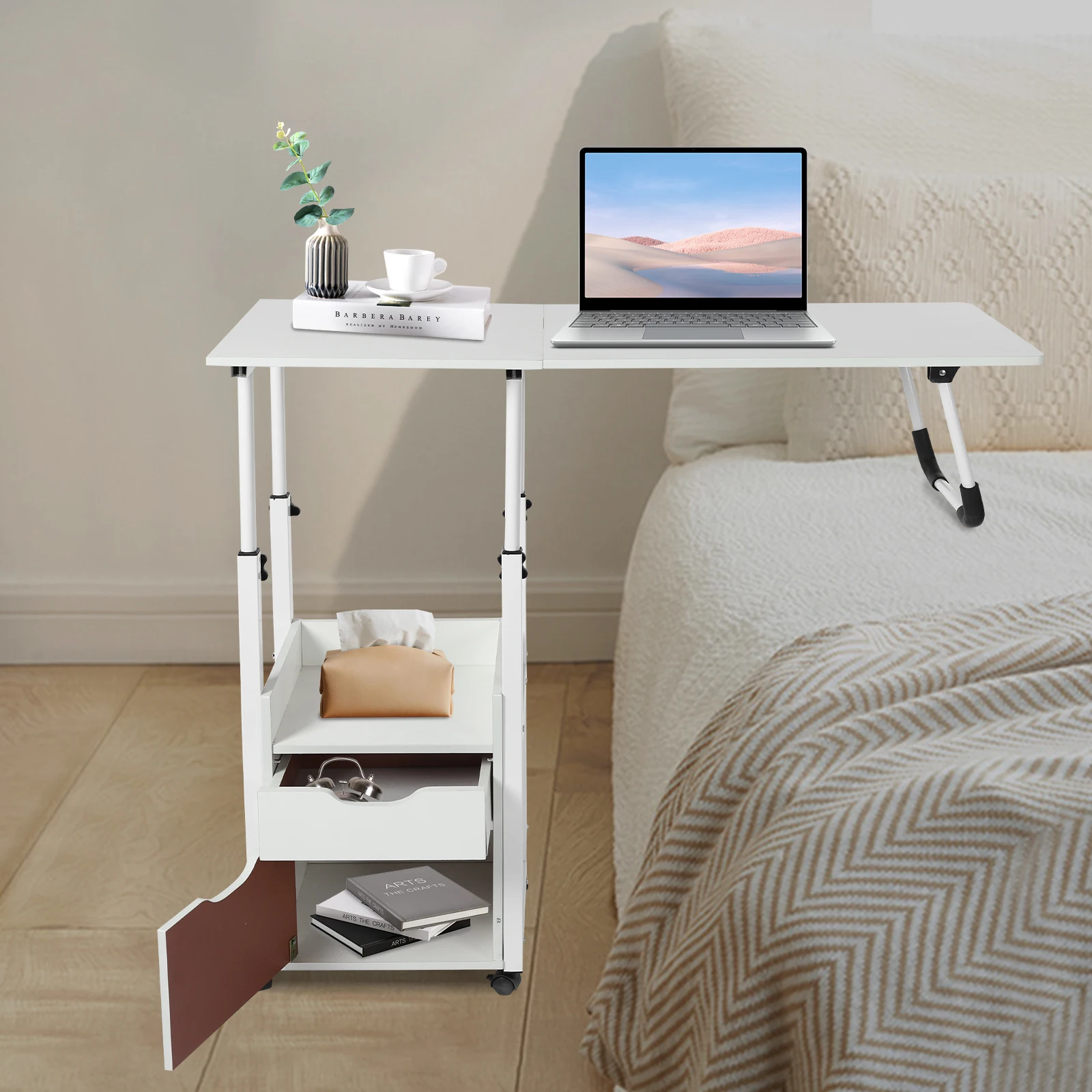 Klappbarer Laptop-Schreibtisch mit Rollen, höhenverstellbarer Nachttisch, Computertisch, tragbarer Schlafzimmer-Bürotisch