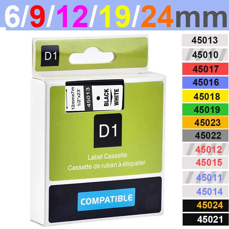 1 Stück D1 6 mm 9 mm 12 mm Etikettenbänder 45010 45013 40910 43613 43610 kompatibler Dymo Etikettendrucker LM 160 210 Etikettendrucker Image