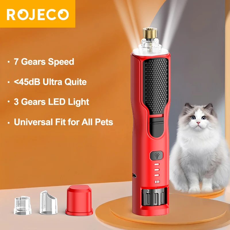 ROJECO Elektrischer Nagelschleifer für Haustiere, wiederaufladbar, Nagelknipser für Hundepfoten, LED-Licht, 7 Geschwindigkeiten, verstellbar, Nagelschleifer mit Katzenklaue Image