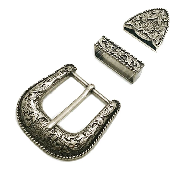 Western Retro Floral gravierte antike Gürtelschnalle Set 3 Stück passend für 38 mm Gürtel Dekor Metallgürtel Kopf Gürtelschlaufe Gürtelschwanz Image