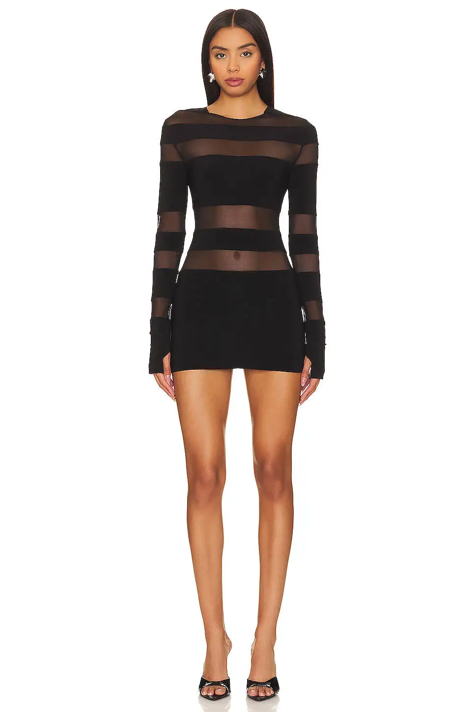 Damen-Patchwork-Minikleid mit durchsichtigem Mesh-Streifen, langärmlig, sexy, durchsichtig, schlank, warme Hüfte, kurz, Partykleidung, neu eingetroffen