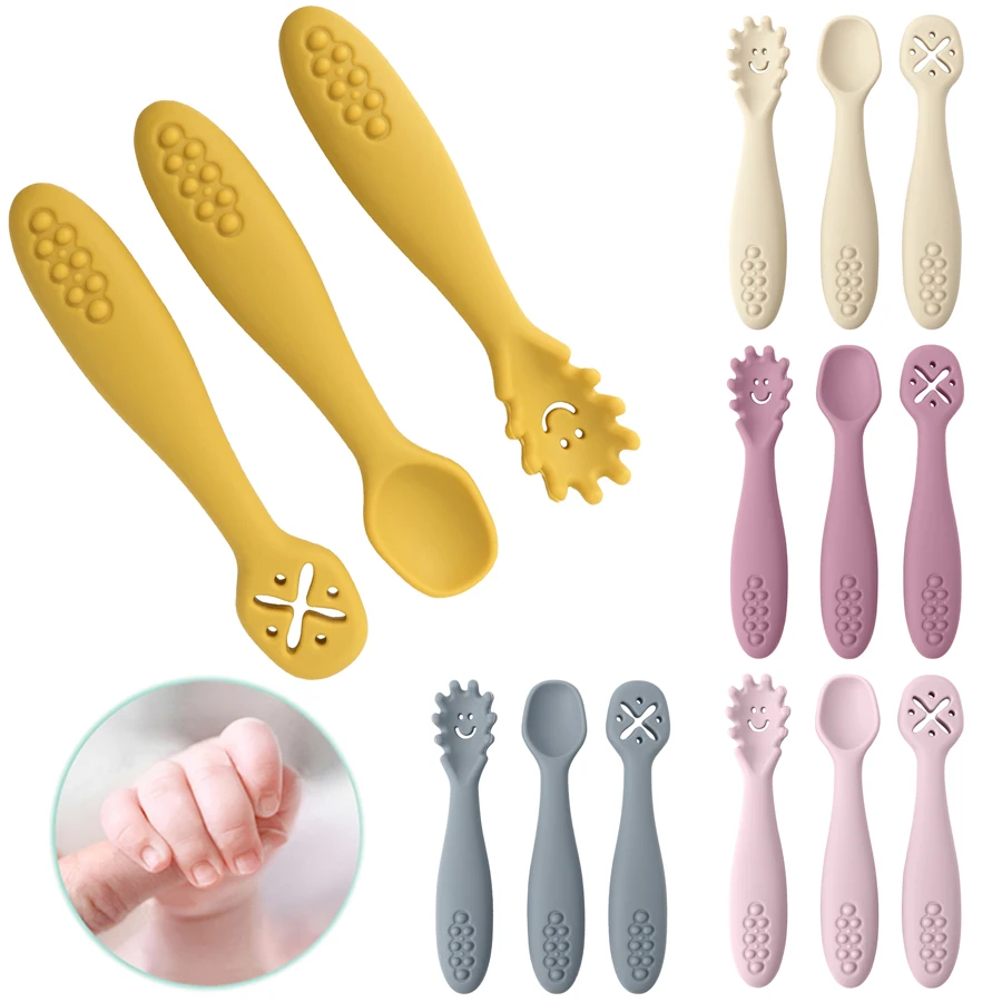 3PCS Silikon Löffel Gabel Für Baby Utensilien Set Fütterung Lebensmittel Kleinkind Lernen, Essen Ausbildung Weiche Gabel Besteck kinder geschirr Image