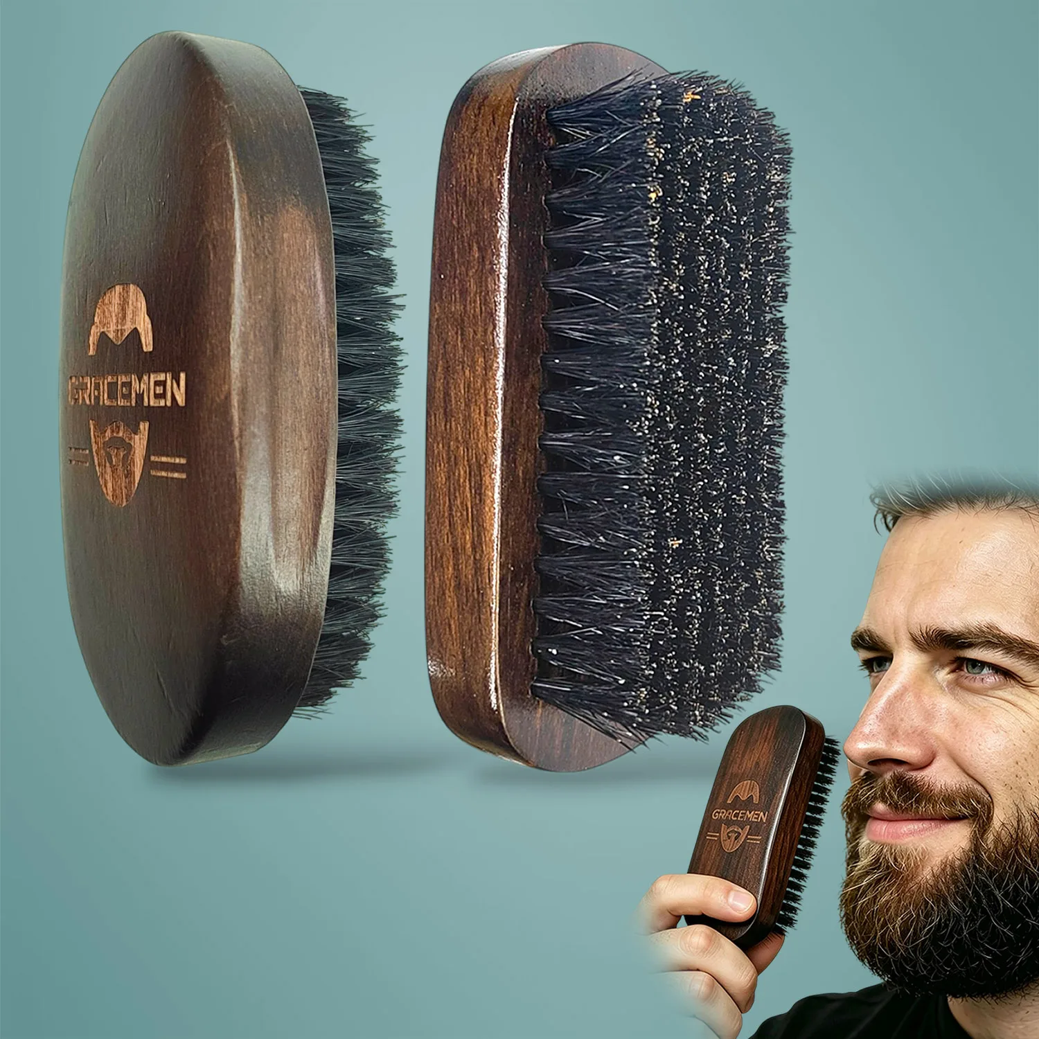 Gracemen Premium Dark Retro Bartbürste, ovale Gesichtsbürste für Männer Bartkamm– Haarkamm mit 100 % Wildschweinborsten und altem Holzgriff Bart Bürste Image