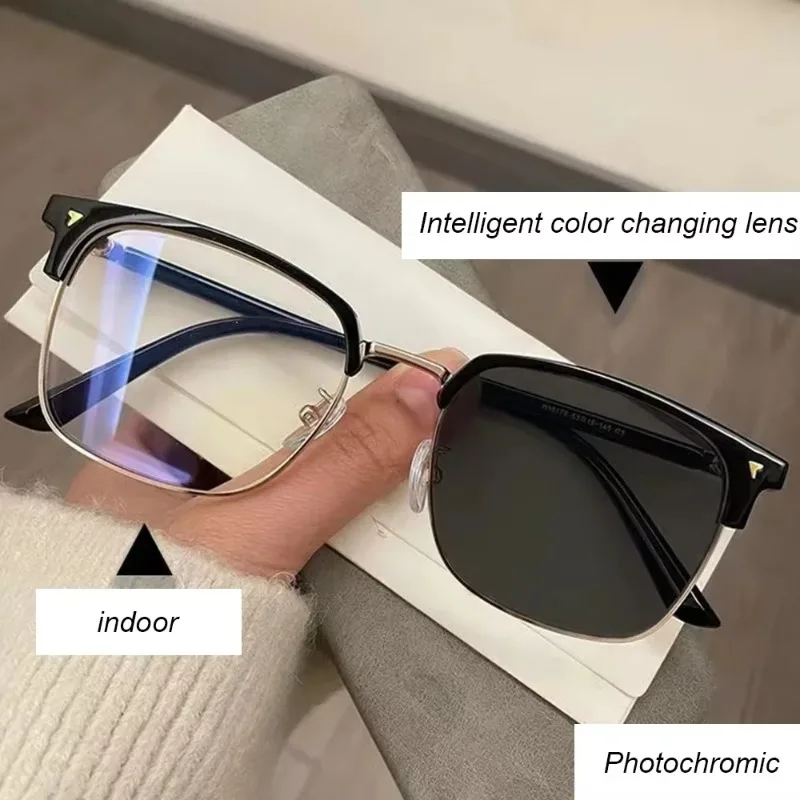 Photochrome farbige Brille für Herren, halber Rahmen, Anti-Blaulicht-Brille, Augenschutz für Herren, ultraleichtes Okular, Computerbrille Image