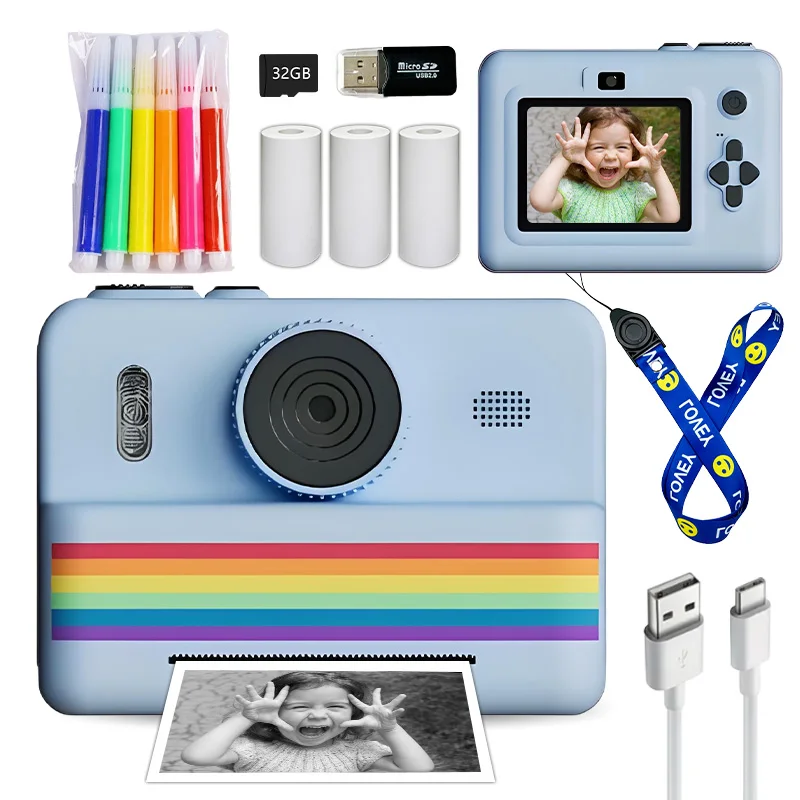 Kinder-Instantkamera mit 32-GB-Speicherkarte und Farbstift, zwei Kameras, Taschenlampe, das perfekte Geschenk für Jungen und Mädchen.