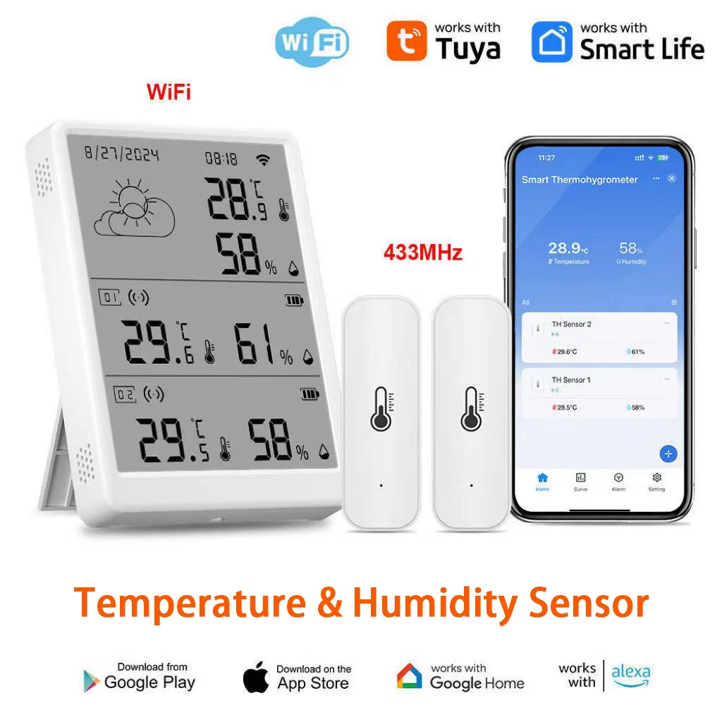 Tuya WiFi+RF433 Temperatur- und Feuchtigkeitssensor-Sets, Bildschirmanzeige, Monitor, Umgebungsthermometer, funktioniert mit Alexa Google Home Image