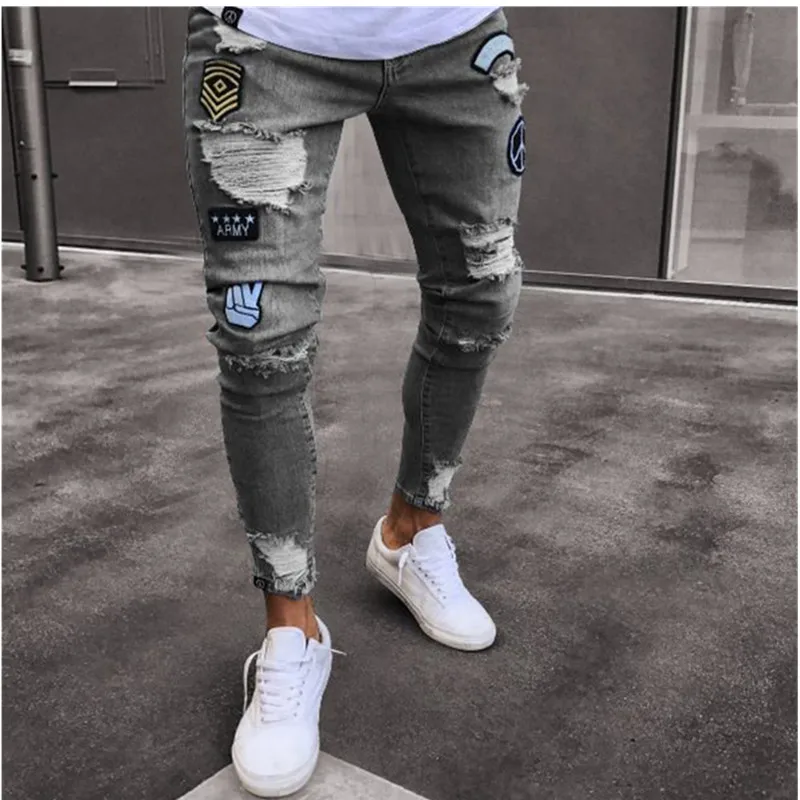 Männer Stretchy Ripped Skinny Biker Stickerei Cartoon Print Jeans Zerstört Loch Slim Fit Denim Hohe Qualität Hip Hop Schwarze Jeans