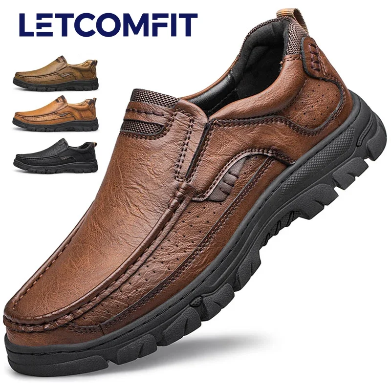 LETCOMFIT Herren-Slip-On-Freizeitschuhe aus Leder, verschleißfest, rutschfest, runde Zehen-Loafer, dicker Boden, Kleidschuhe für die ganze Saison Image