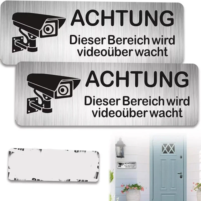 1/2/3/4 Stück Aluminiumuhr Videoüberwachung Warnschild 85x30mm Private Kameraüberwachung mit Aufkleber mit Klebeband Image