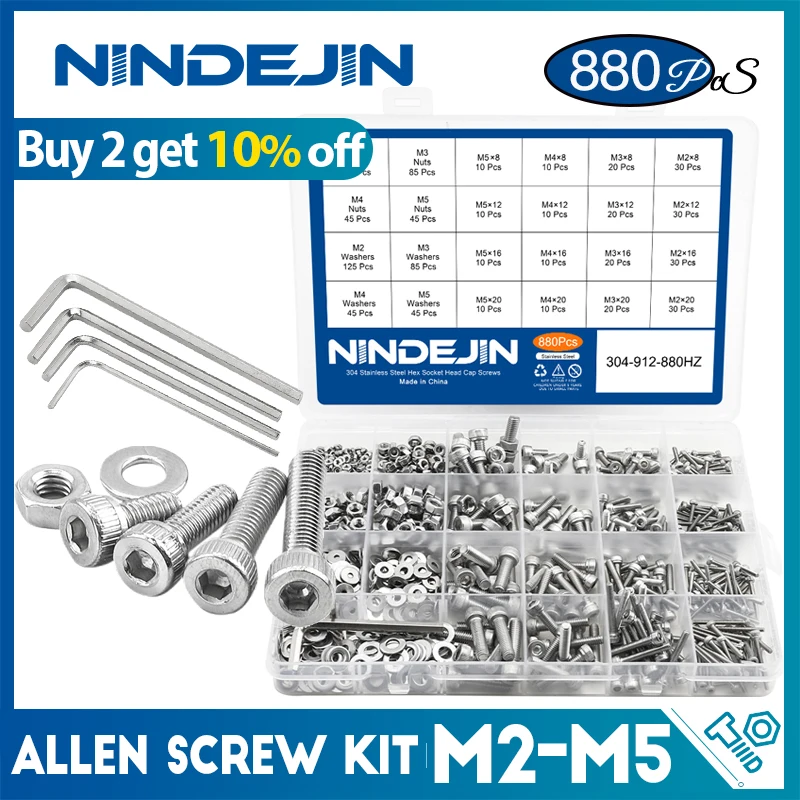 Nindejin 880 stücke Sechskant-Innen sechs kant schraube Sortiment Kit m2 m3 m4 m5 Edelstahl flache runde Kappe Kopfs ch raube und Mutter Set Image