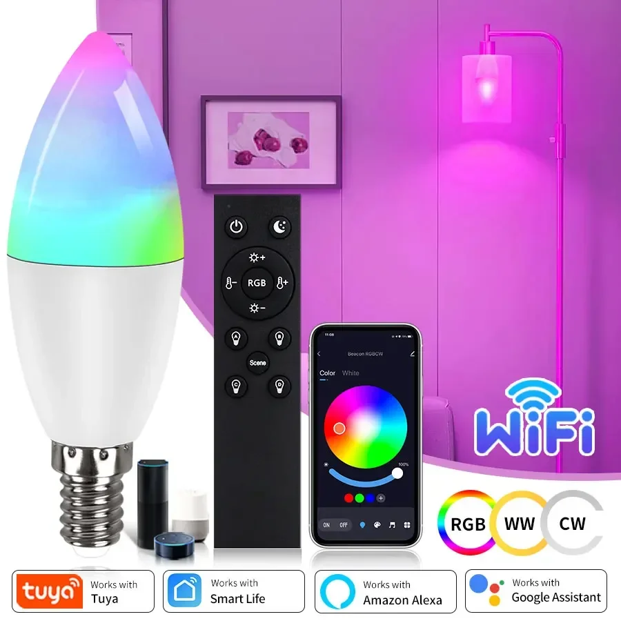 E14 WiFi Smart Glühbirne Kerze Lampe 220V 5W 7W 9W mit RF 2,4G Fernbedienung tuya Smart Leben APP Sprachsteuerung Mit Alexa Google Hause Image