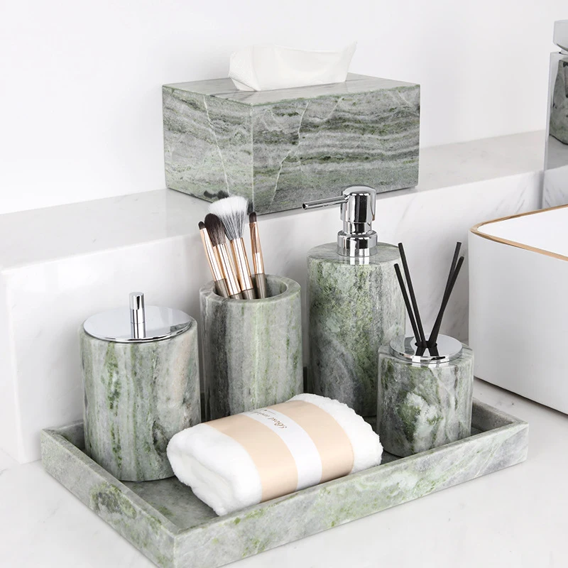Smaragdgrünes Badezimmer-Set aus natürlichem Marmor, luxuriöse Seifenschale, Wattestäbchen, Glas, Reed-Diffusor, Waschtisch-Tablett, Badezimmer-Accessoires