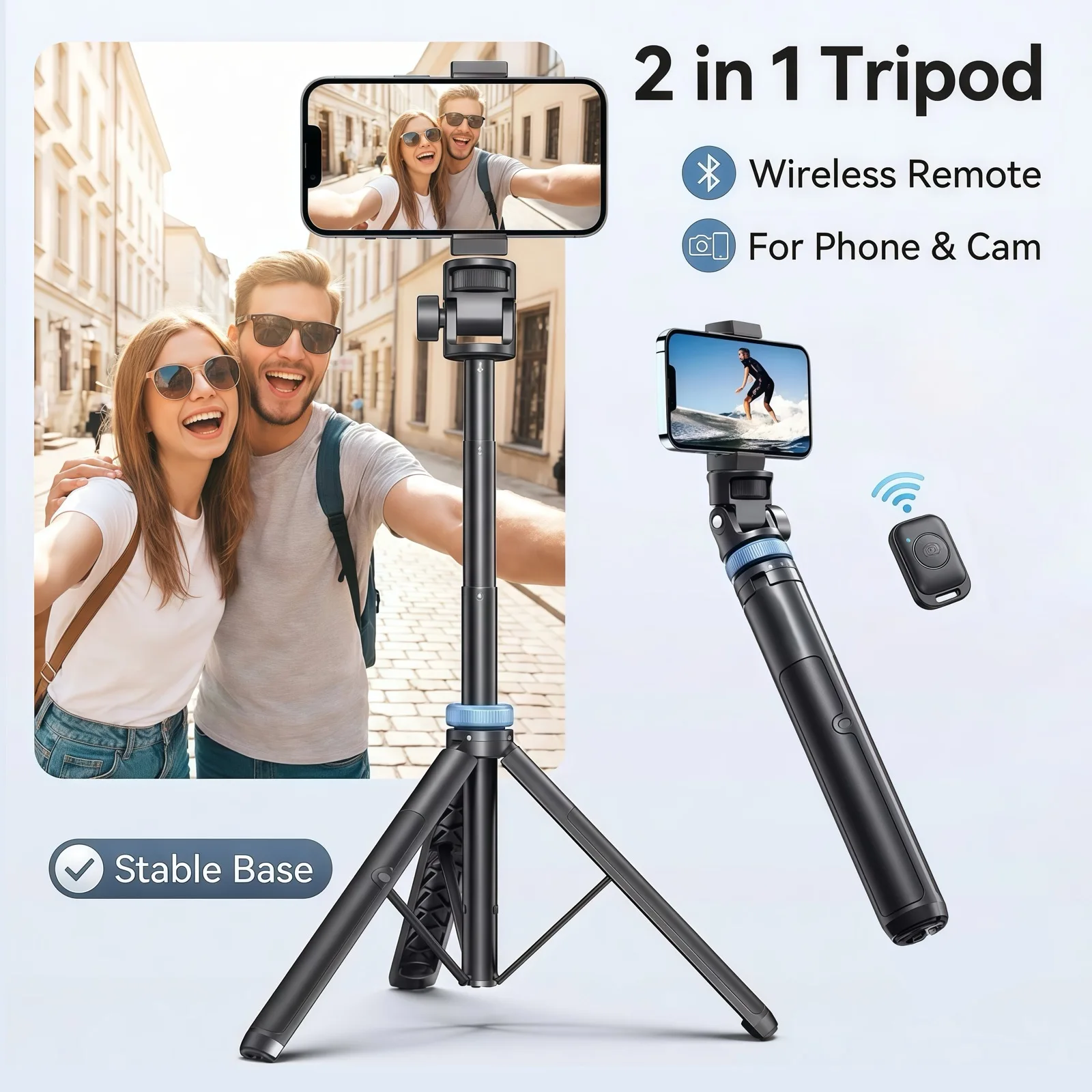 3-in-1 Bluetooth Selfie-Stick Stativ mit Fernbedienung für iPhone Samsung GoPro DJI Insta360 Ausziehbarer Tragbarer Vlogging-Ständer Image