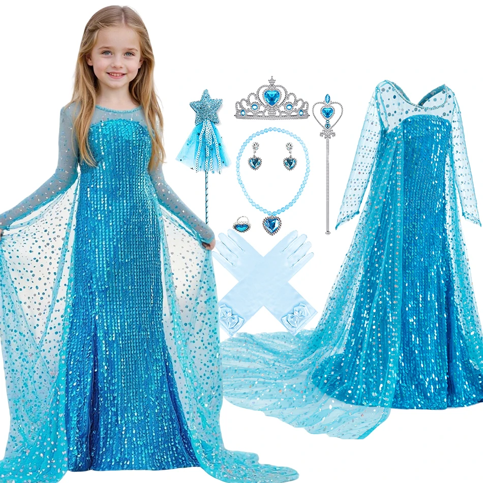Kinder Karneval Blau Pailletten Elsa Cosplay Kleid Mädchen Elegante Blaue Prinzessin Kostüm Kinder Halloween Geburtstag Party Kleidung