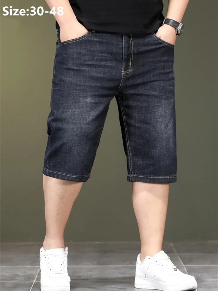 Sommer Dünne Denim Shorts Männer Gestreckt Lose Hohe Taille Plus Größe 40, 44, 46, 48, Halb Jeans Grau Schwarz Capri Cropper Hose