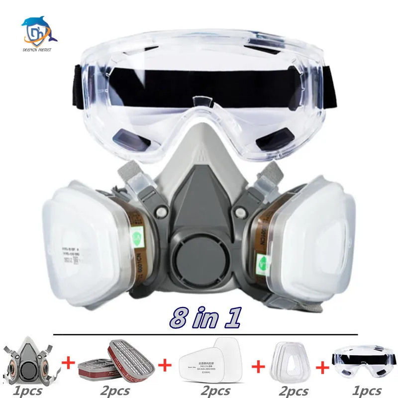 Neue 8-in-1 6200 Staub-Gasmaske mit Schutzbrille, halbes Gesicht, Gas-Atemschutzmaske zum Malen, Sprühen, Polieren, Arbeitssicherheit Image