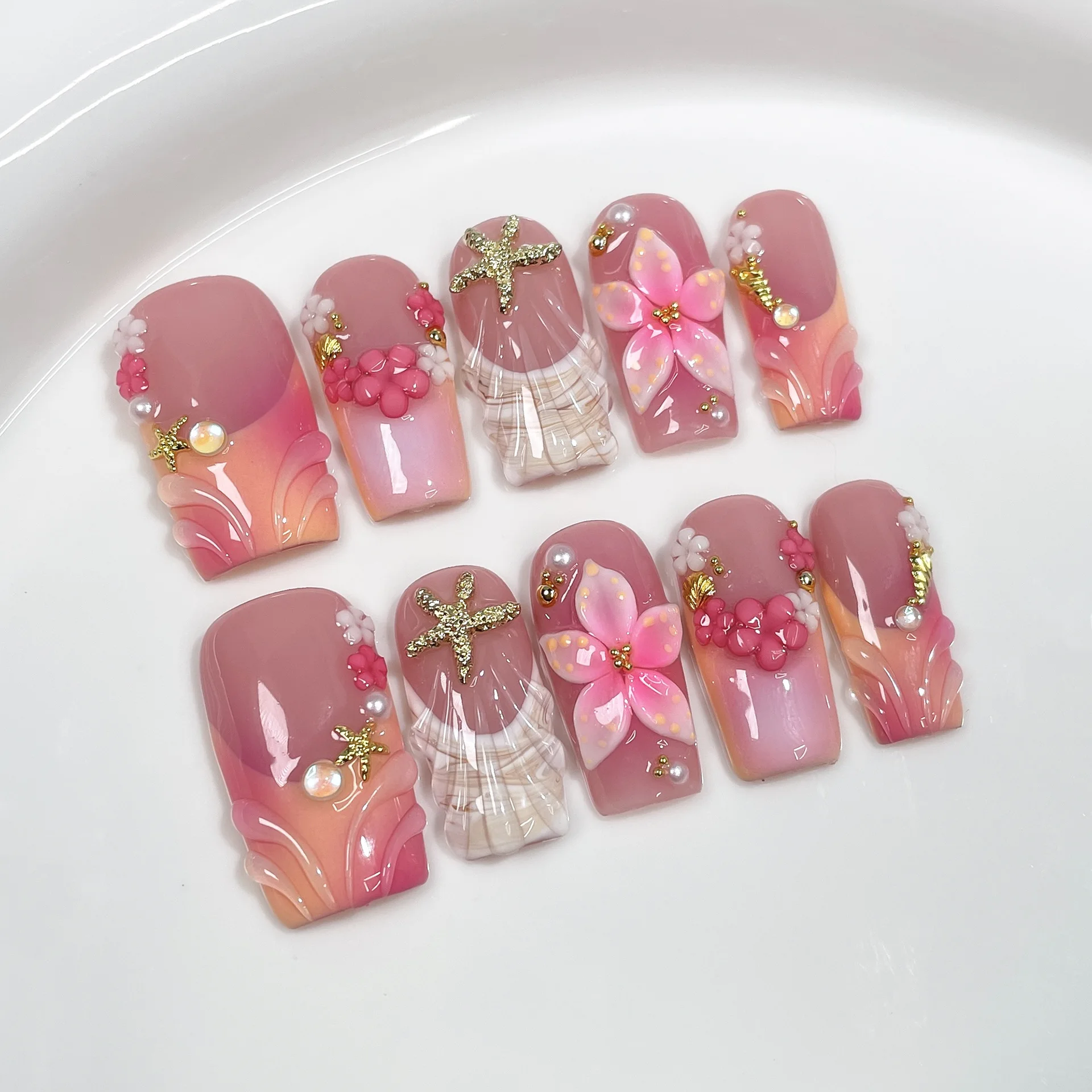 10 Stück 3D-nägel mit grünen Blumen, handgefertigt, zum Aufdrücken, französische künstliche Nägel, tragbare Nägel zum Aufkleben, künstliche Nägel, Uñas 2019, Op Na Diego Diego Diego Diego Image