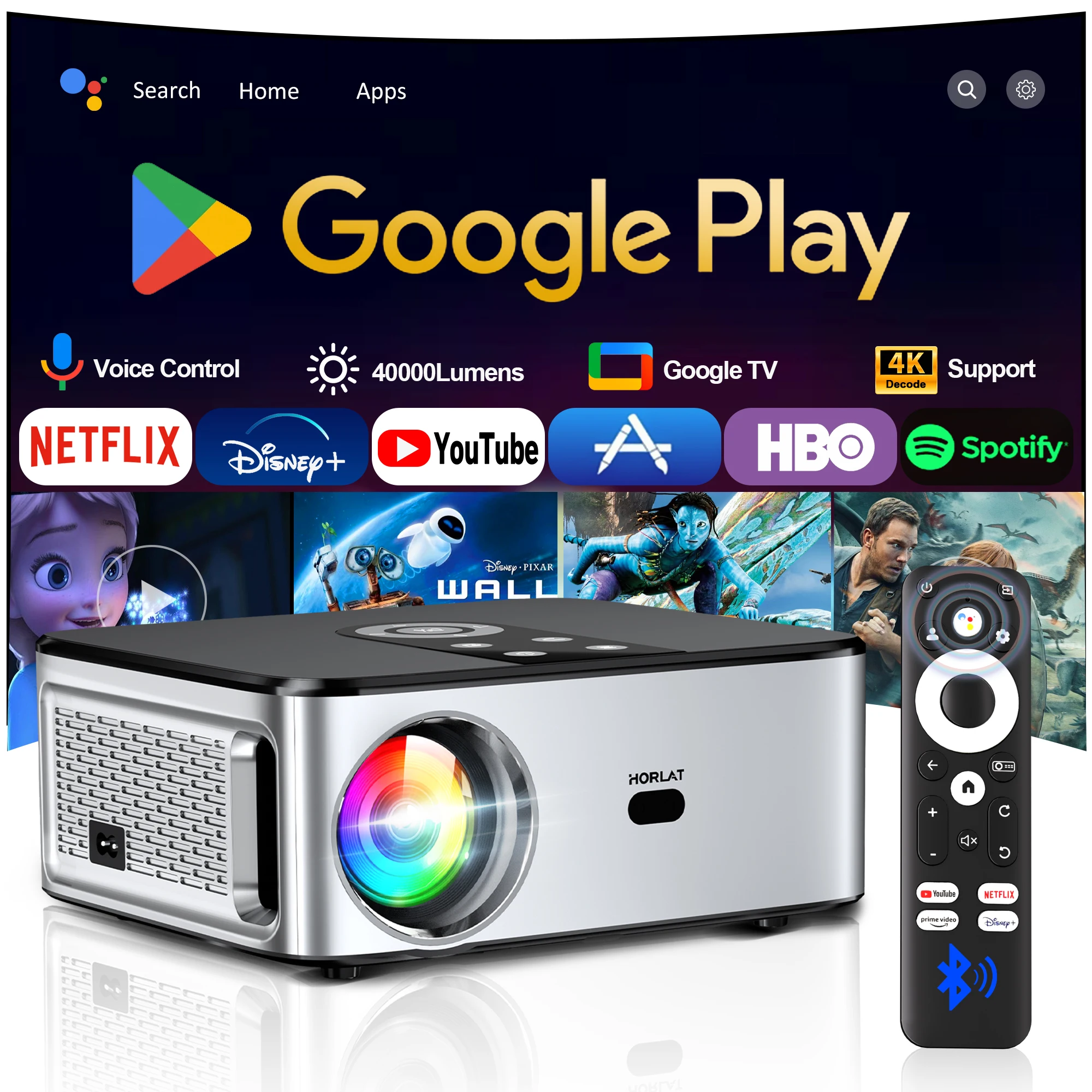 HORLAT Offizieller Google TV Projektor 2000ANSI Bluetooth Sprachsteuerung Autofokus WiFi 6 4K HD Beamer Heimkino Filmprojektor Image