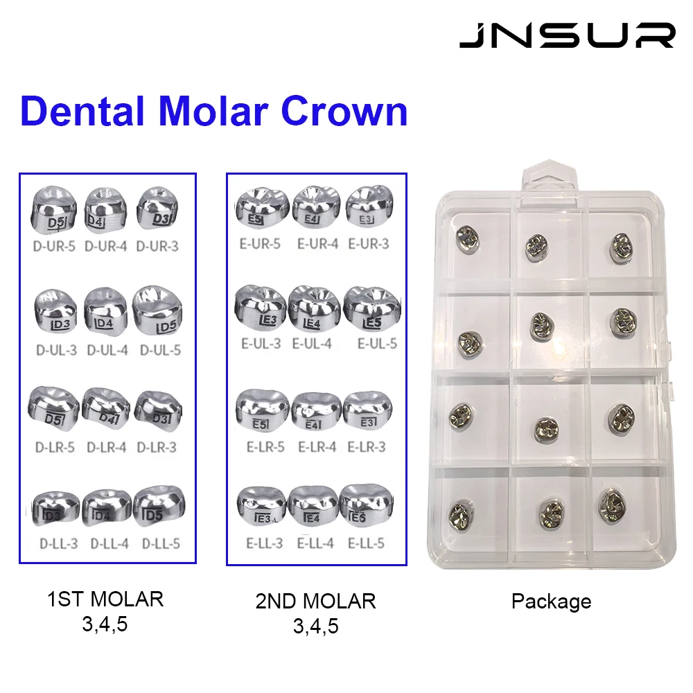 12 stücke Dental Temporäre Kronen E3 E4 E5 D3 D4 D5 1st 2nd Vorgeformt Edelstahl Pedo Molaren Krone Refill Kit zahnmedizin Pediatri Image