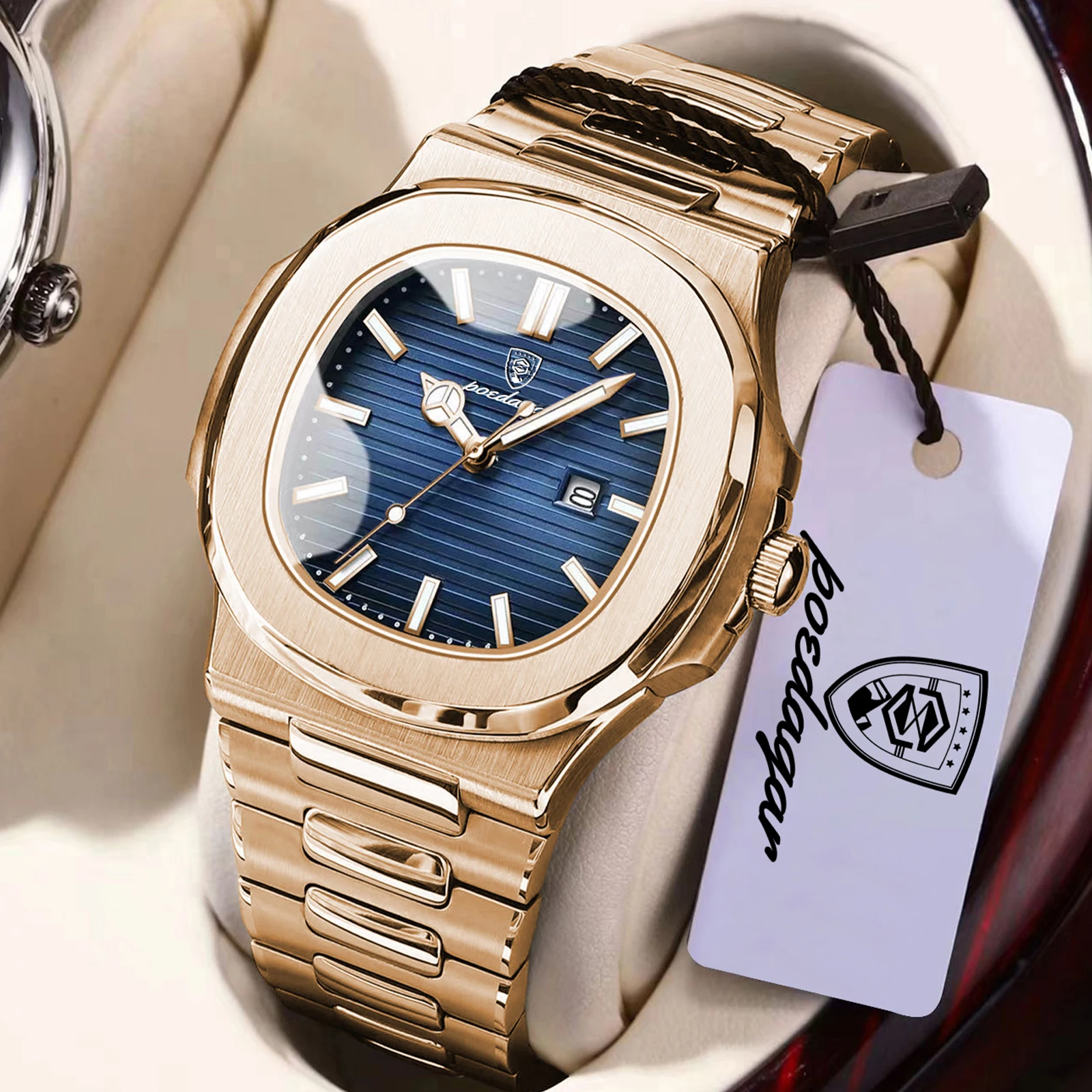 POEDAGAR Top-Mode Quadratische Herrenuhr Edelstahl Wasserdicht Leuchtend Datum Exquisite Männer-Armbanduhr Quarz-Uhren für Herren Image