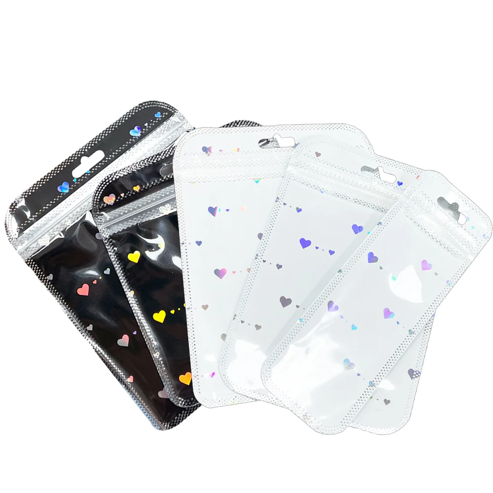 50 Stück wiederverschließbare Mylar-Beutel mit Schwarz-Weiß-Laserherz und Reißverschluss für Zuhause, Party, Gastgeschenk, Lebensmittelaufbewahrung, Verpackung für kleine Unternehmen Image