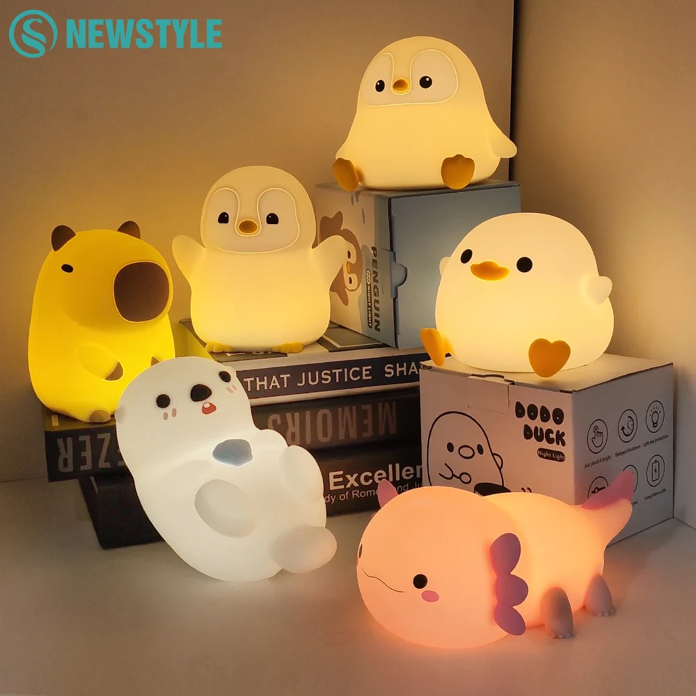 Niedliches Enten-Capybara-Nachtlicht für Kinder, Tier-Silikon-Nachtlampe für Kinderzimmer, Touch-Control-Nachtlicht, wiederaufladbar, neben der Lampe