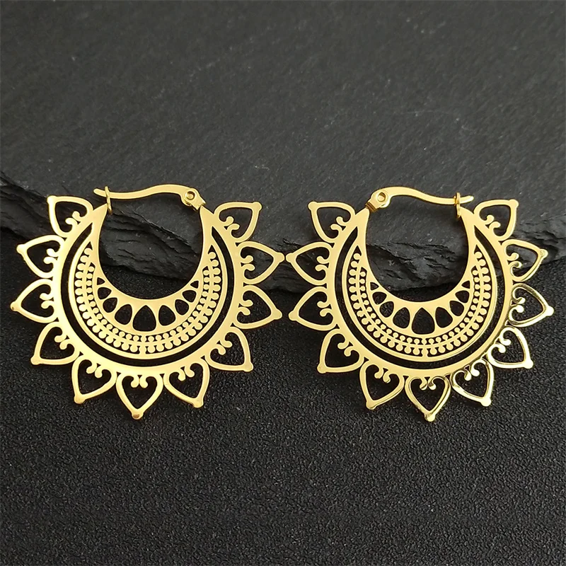 Indien Gypsy Tribal Ethnische Mandala Edelstahl Ohrringe Frauen Gold Farbe Lotus Blume Creolen Schmuck aretes E9354S01
