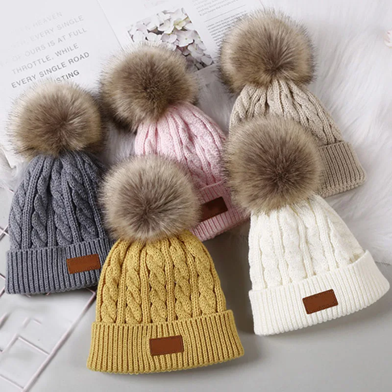 Baby Junge Hut Nette Pompom Baby Mütze Beanie Herbst Winter Warme Gestrickte Kinder Mädchen Hüte Solide Hairball Elastische Kinder Kappen Motorhaube Image