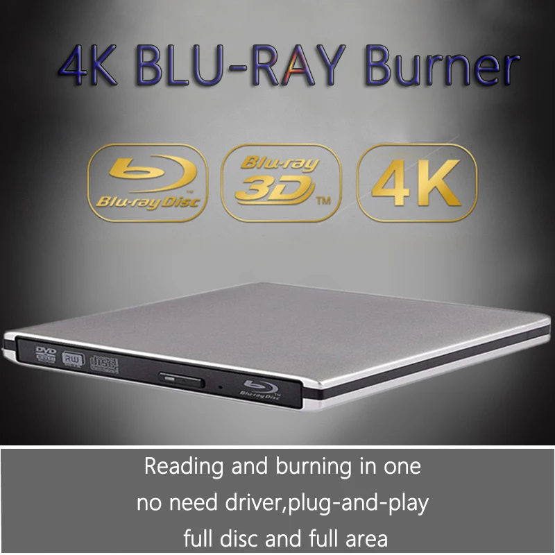 Ultraschlankes externes optisches Laufwerk mit 4K-Blu-Ray-Brennen, USB 3.0, DVD-Play, 3D-Blu-Ray-R/W, CD/DVD-Brenner Image