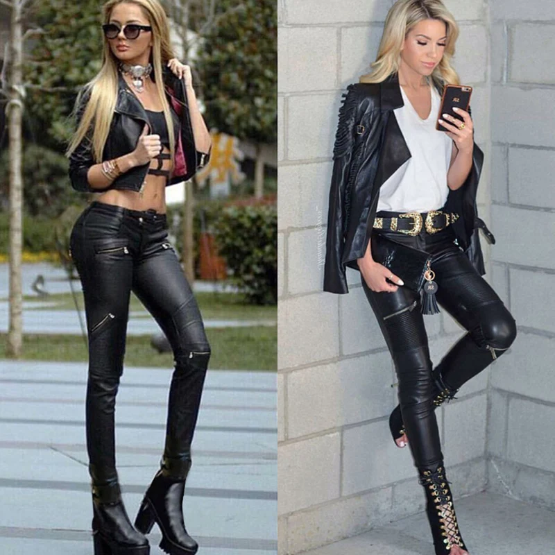 Stretch Faux Pu Leder Hosen Frauen Haut Engen Motorrad Gothic Punk Rock Bleistift Hose Zipper Moto Biker Plus Größe XS große