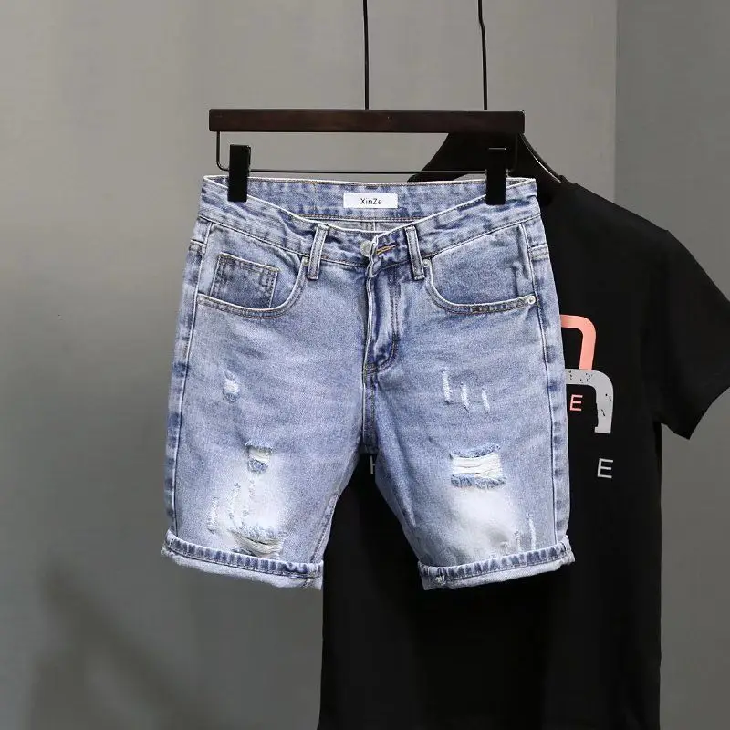 Sommer Mode Denim Shorts männer Dünne Koreanische Blau Zerrissene Fünf-punkt Hosen Elastische Trendy Marke Ins Jungs Mittleren hosen Image