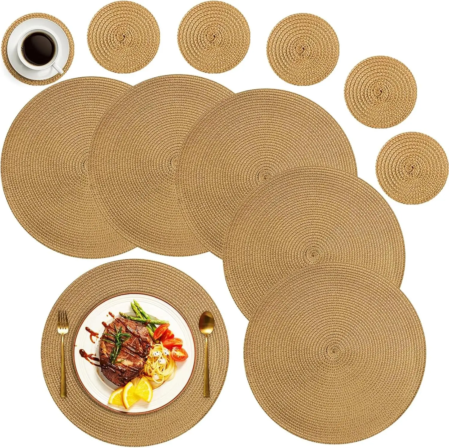 6-teiliges Set mit runden Tischset und Tassenuntersetzer, gewebte Ramie-Tischsets, rutschfeste Esszimmer-Tischsets, rutschfestes Geschirr, Schüssel-Pads für die Küche Image
