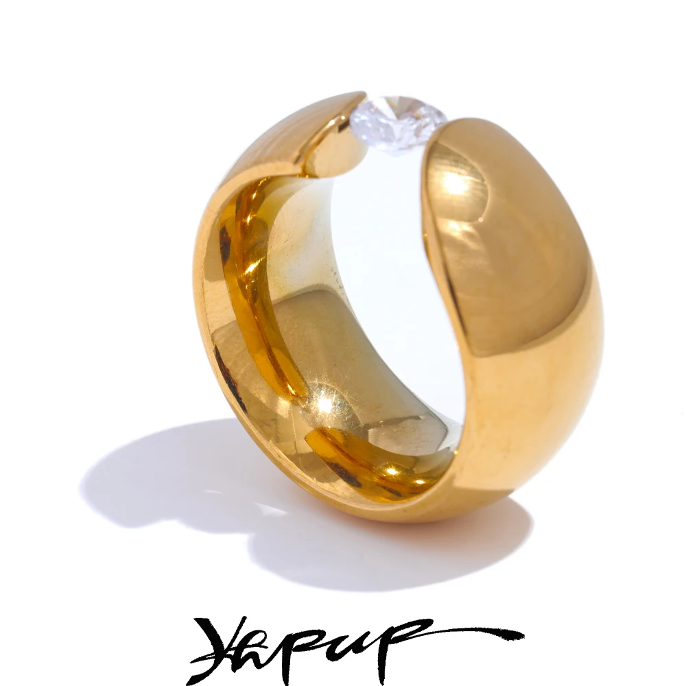 Yhpup Größe 678 Schlanker Metall-Edelstahl-Ring mit glänzendem Zirkonia, breiter goldener Ring, 18 Karat PVD-beschichtet, Charm, täglicher Schmuck, Geschenk Image