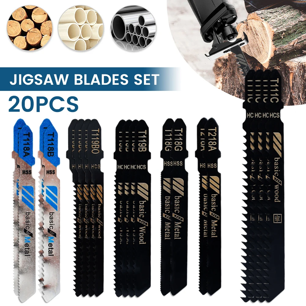 20-teiliges Stichsägeblatt-Set, T-Schaft, HCS, verschiedene Stichsägeblätter für Holz, Kunststoff und Metall, Schneidblätter für Black & Decker Metabo Image