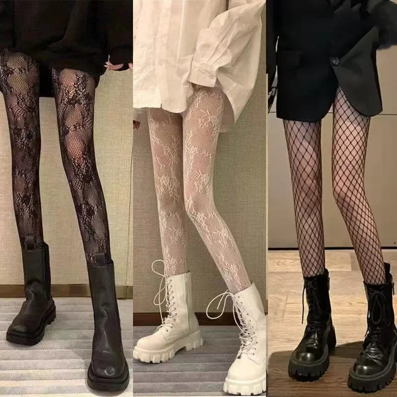 Ausgehöhlte Spitzen-Mesh-Strümpfe, Strumpfhosen mit Boden, klassische Lolita-Hot-Strumpfhosen, japanische Lolita-Retro-Blumenmuster, Rattan, weißer Strumpf Image