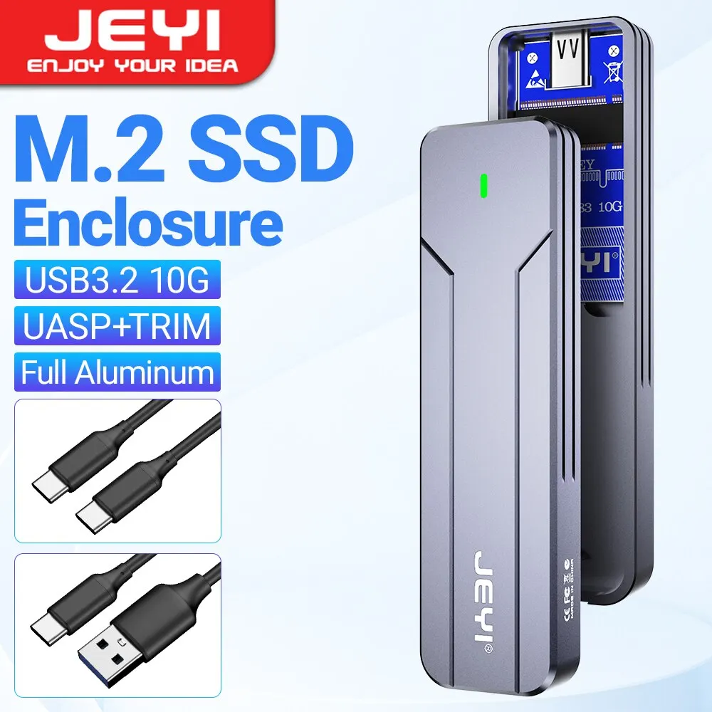 Jeyi m.2 nvme ngff ssd gehäuse, voll aluminium usb 3,2 gen 2 10gbps pcie oder sata 6gbps m-key b-key m.2 fall unterstützung trim uasp Image
