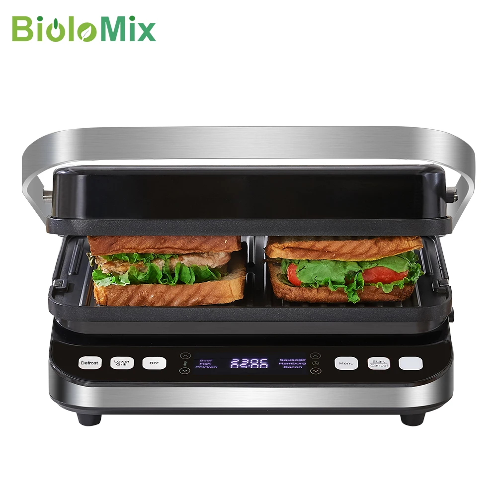 BioloMix 2000 W elektrischer Kontaktgrill, digitale Grillplatte und Panini-Presse, optionale Waffeleisenplatten, öffnet 180-Grad-Grill Image