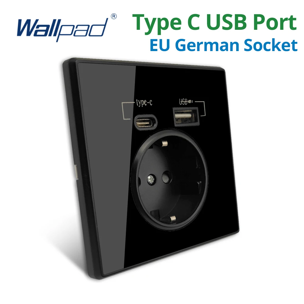 20W PD Typ-C A Schnittstellen-Steckdose Acryl-Spiegel-Kristallplatte Schwarze Wandsteckdose EU Russland Spanien Frankreich mit USB-Ladegerät-Halterung Image