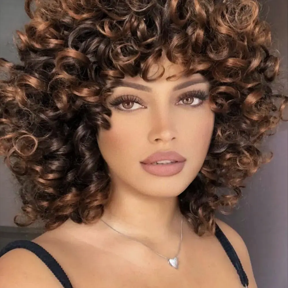 Ombre braune lockige Perücken für schwarze Frauen, kurze lockige Perücke mit Pony, weiche, lockere lockige Perücken für Frauen, synthetische Faser, leimloses Haar Image