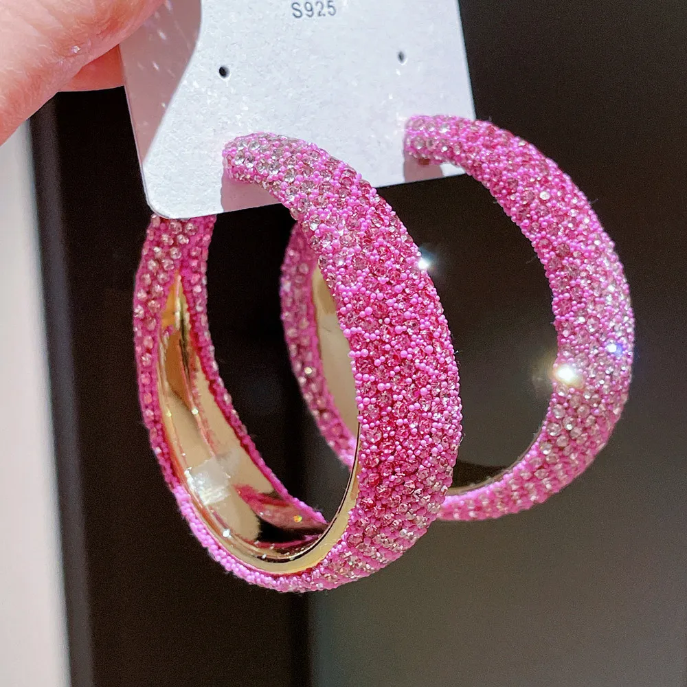 Übertreiben Sie glänzende Strasssteine, große Creolen für Frauen und Mädchen, geometrische runde Kristallohrringe, Bijoux, Statement-Schmuck, Geschenke Image