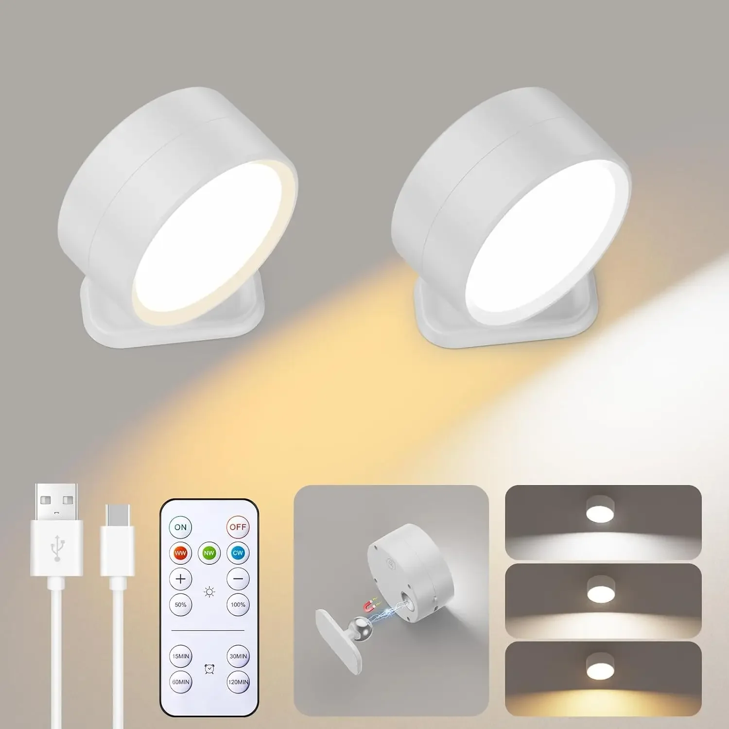 Magnetische LED-Wandleuchten, wiederaufladbare dimmbare Wandleuchten mit Fernbedienung, 360° ° Drehbare Wandleuchte für Schlafzimmer