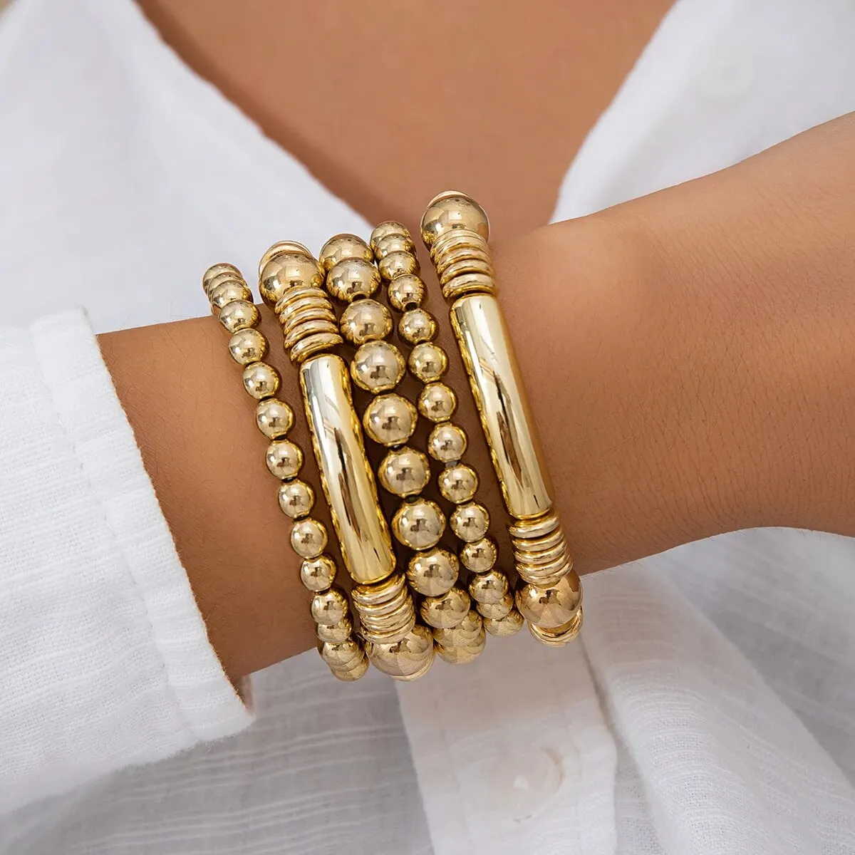 5 Teile/satz Punk Vintage Gold Farbe Runde Perlen Armbänder für Frauen Übertrieben Big Ball Elastische Charme Armreifen HipHop Party Schmuck