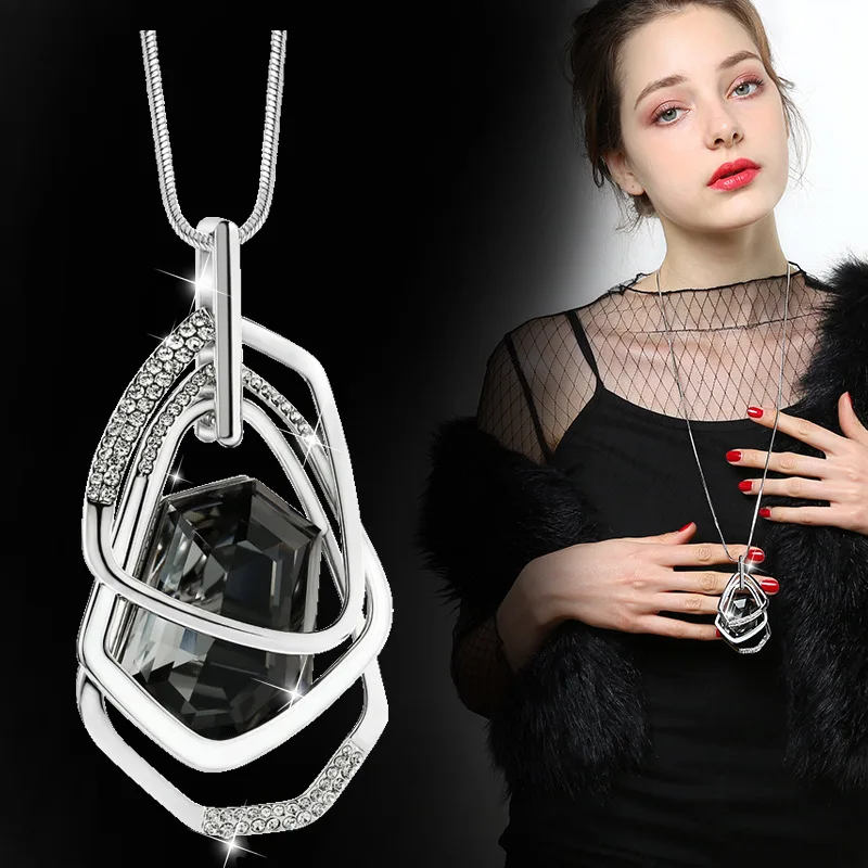 Gold & Silber Farbe Strass Lange Halskette Vintage Punk Dreieck Quadrat Oval Kristall Glas Anhänger Halsketten Frauen Schmuck