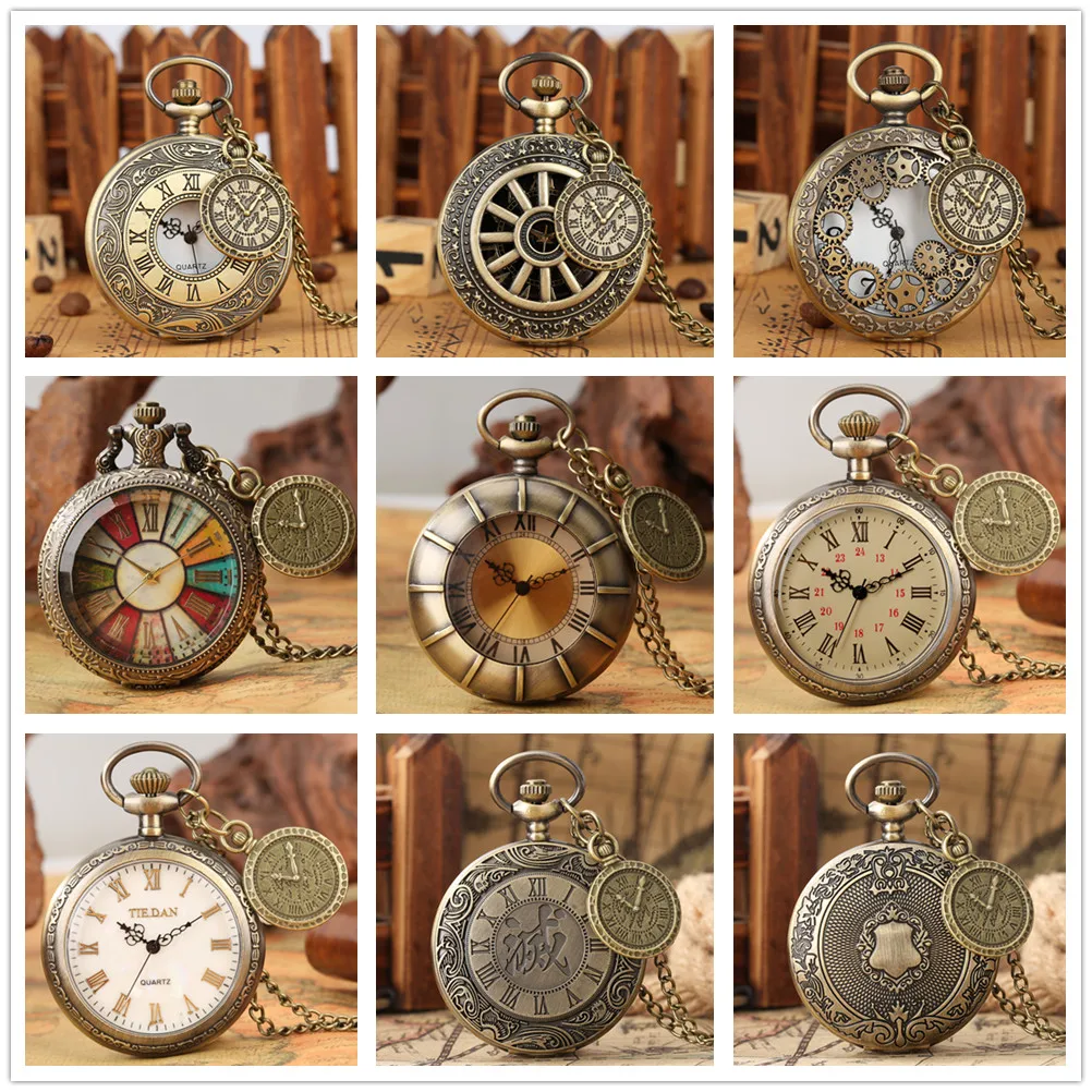 Charme Bronze Quarz Halskette Uhr Männer Frauen Römischen Ziffern Anhänger Zubehör Vintage-Mode Antike Tasche Uhr Geschenke
