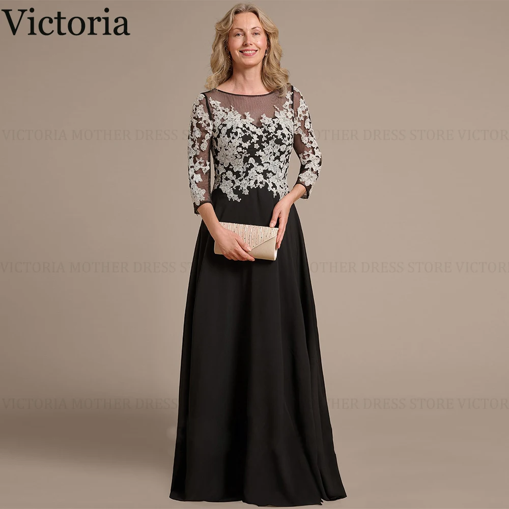 VICTORIA Elegantes Kleid für die Brautmutter/Bräutigam 2025, A-Linie, U-Ausschnitt, Illusion, bodenlang, Spitzen-Chiffon, Hochzeitsgast-Partykleid