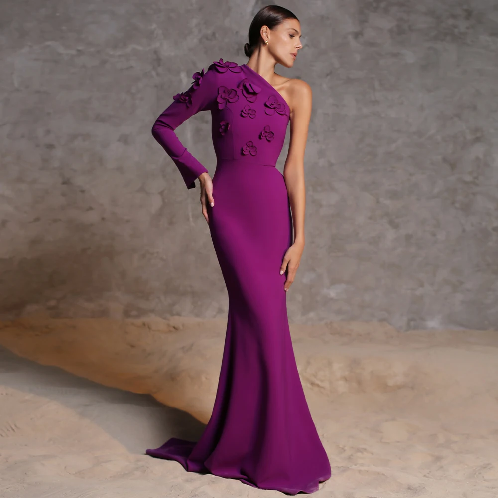 Lila Abendkleider für Damen 2024, One-Shoulder-Langarm, formelles Kleid, Meerjungfrau/Trompete, 3D-Blumen, elegantes Hochzeitskleid