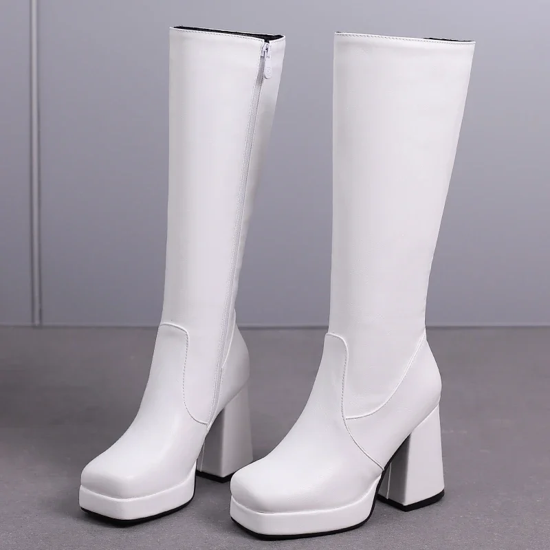 Weiße kniehohe Stiefel für Damen, Plattform 2025, sexy Reißverschluss, dicke High Heels, schwarzer langer Stiefel, Herbst-Winter-Schuhe